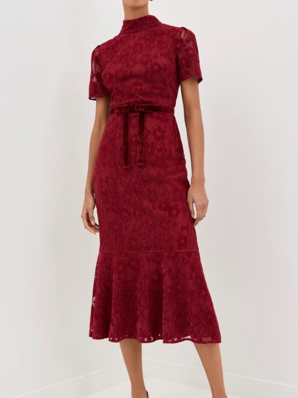 Shoshanna Pierre Scarlett Red Velvet Floral Lace Midi Dress Size 0